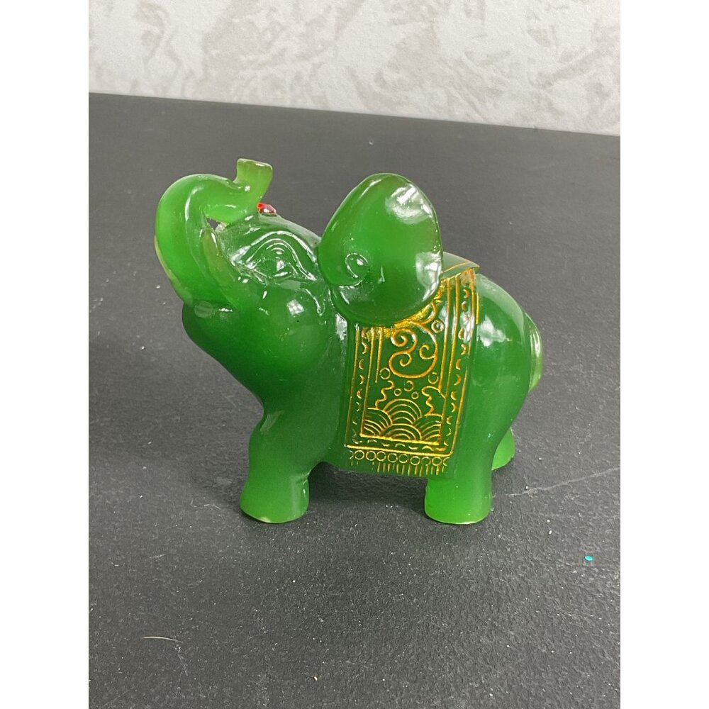 Green Resin Elephant Figurine With Gold Detailing